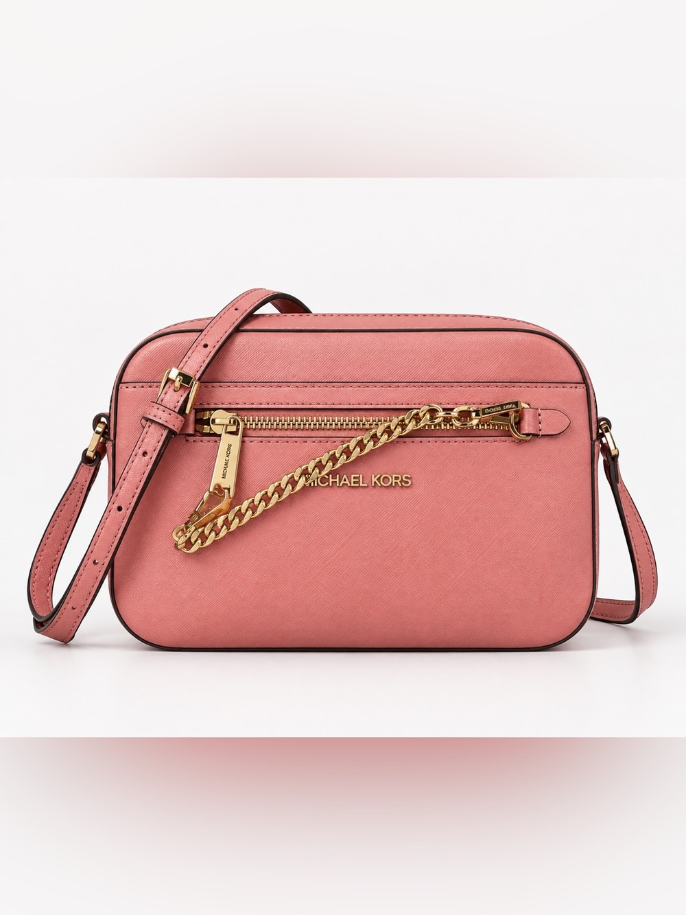 Michael Kors Coral Pink Saffiano Crossbody Camera Bag with Gold Chain